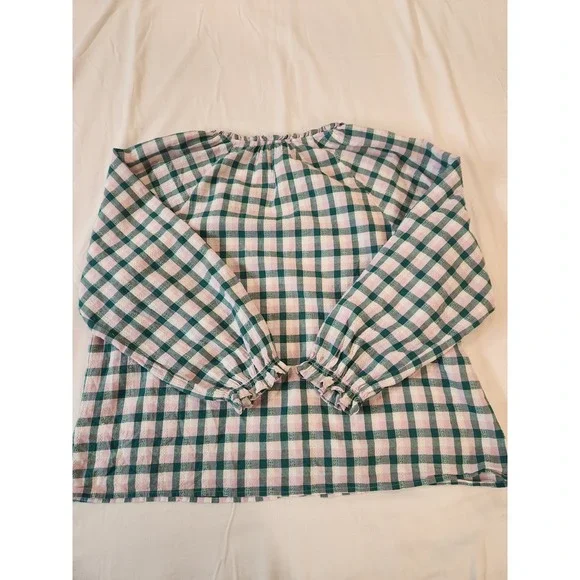 J.Crew Pink Green Gingham Ruffle Neck Cotton Sheer Peasant Blouse XL Flowy Boho - Picture 11 of 14